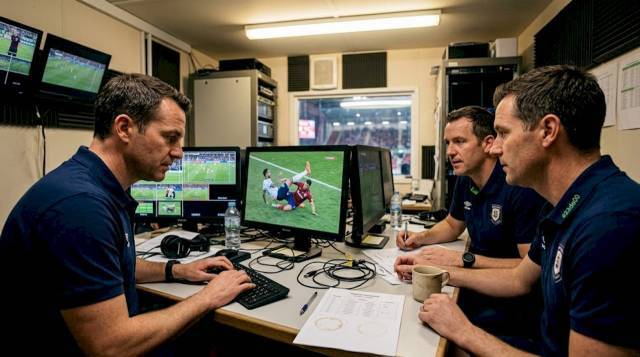VAR soccer officials analyzing match footage in control room
