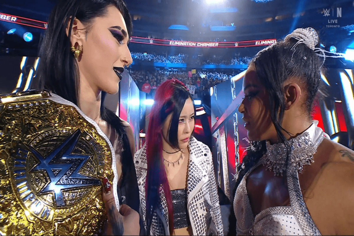 WWE Superstars Bianca Belair, Iyo Sky, and Rhea Ripley face off at WrestleMania 41