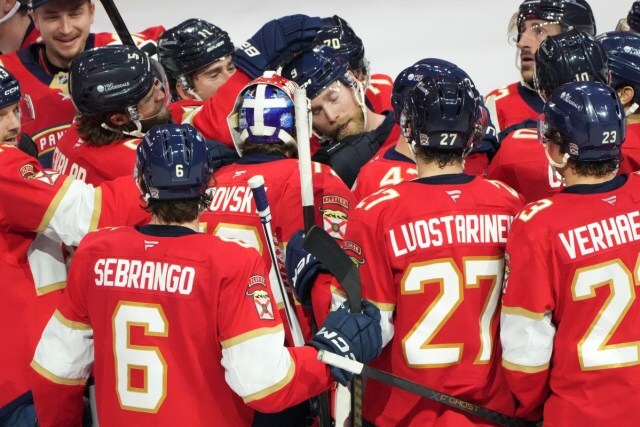 The Florida Panthers celebrate an overtime victory against the Columbus Blue Jackets.