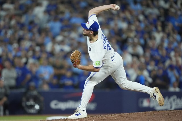 Rookie Trey Yesavage pitches for the  Toronto Blue Jays.