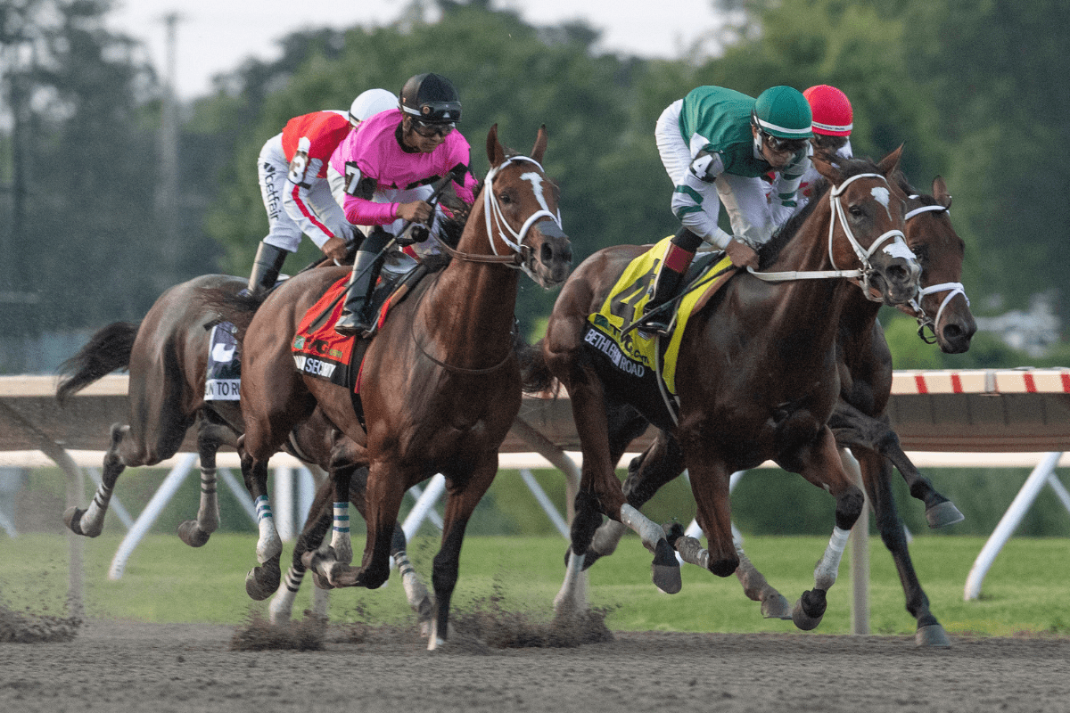 Horse racing at Monmouth Park Racetrack in Oceanport is shown in 2019.