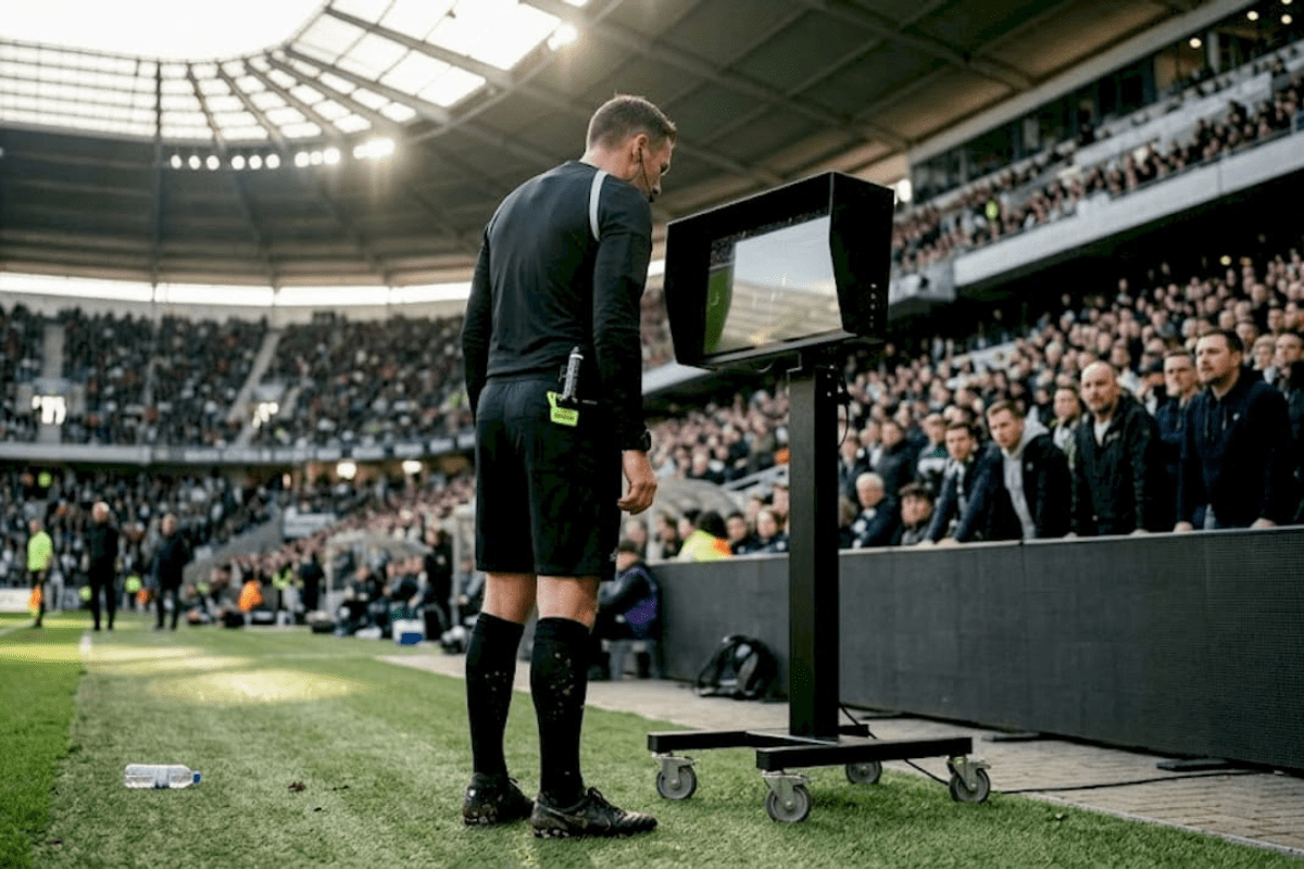 Referee analyzing VAR in a soccer match