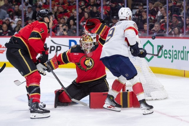 Linus Ullmark makes a stop in one of Ottawa's final games before the first round of the Stanley Cup Playoffs. 