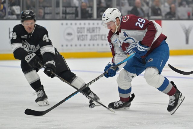 Nathan MacKinnon skates for the Avalanche before advancing to Round 2. 