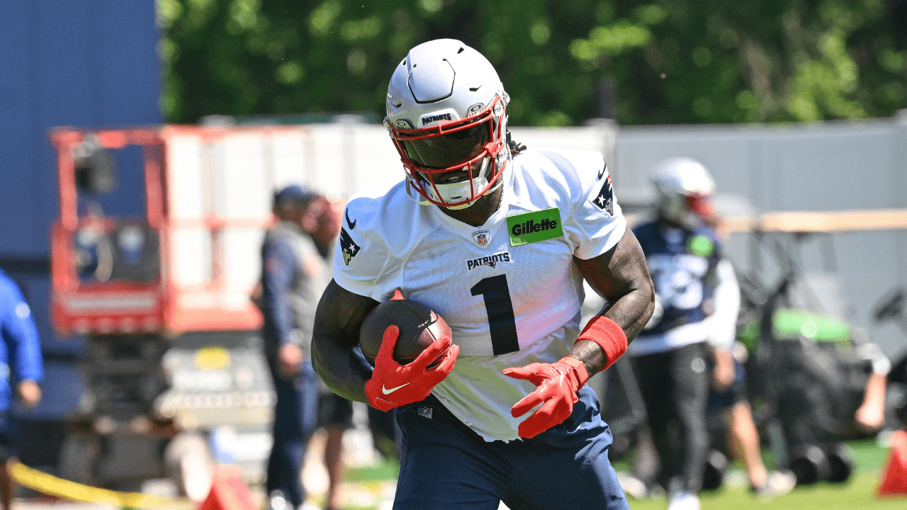 Jun 9, 2026; Foxborough, MA, USA; New England Patriots wide receiver A.J. Brown (1) runs after the catch at minicamp at Gillette Stadium. Mandatory Credit: Eric Canha-Imagn Images