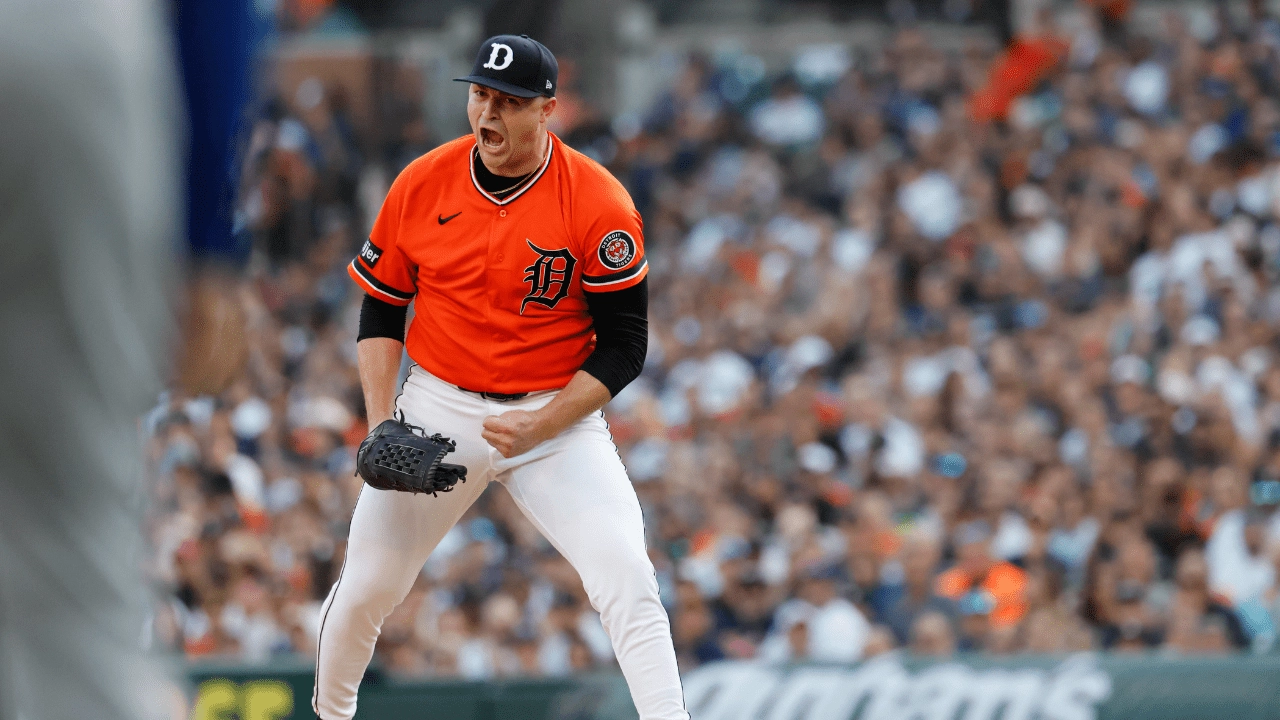 Jul 24, 2026; Detroit, Michigan, USA; Detroit Tigers pitcher Tarik Skubal (29) celebrates after the third inning against the Kansas City Royals at Comerica Park. Mandatory Credit: Rick Osentoski-Imagn Images