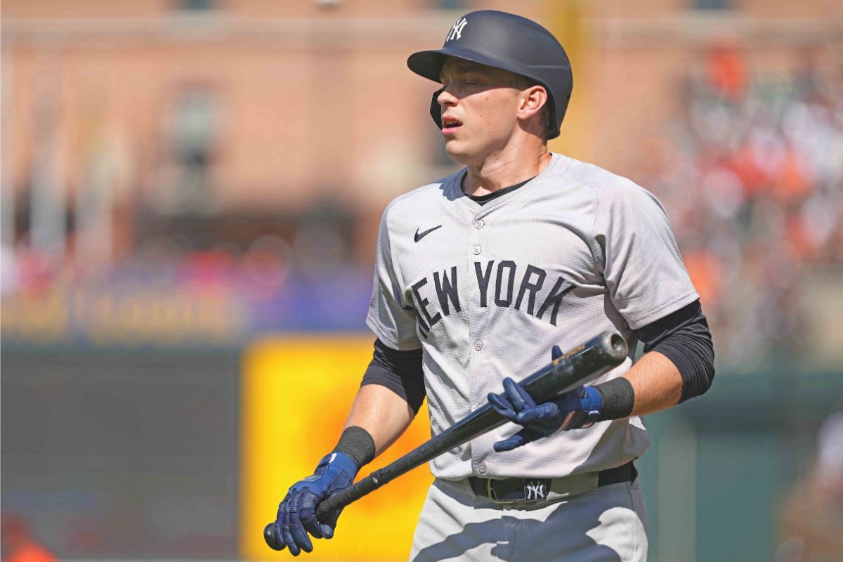 Jul 13, 2024; Baltimore, Maryland, USA; New York Yankees first baseman Ben Rice (93) reacts following a first inning strikeout against the Baltimore Orioles at Oriole Park at Camden Yards. Mandatory Credit: Mitch Stringer-USA TODAY Sports