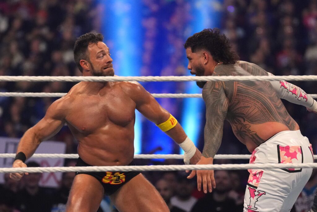 la knight battling it out in a WWE ring