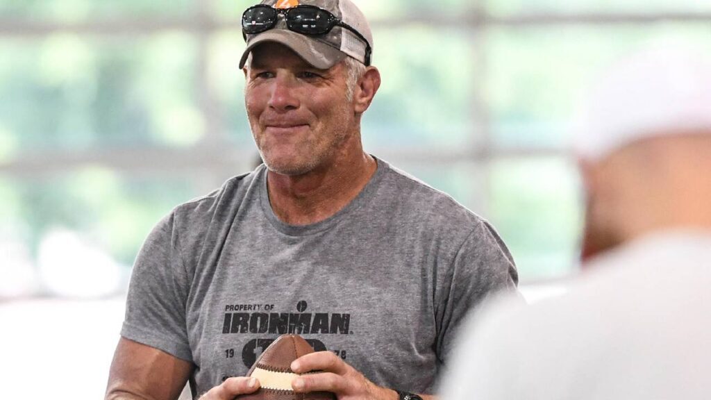 NFL Hall of Fame member Brett Favre looks on during fall practice at Clemson University. 