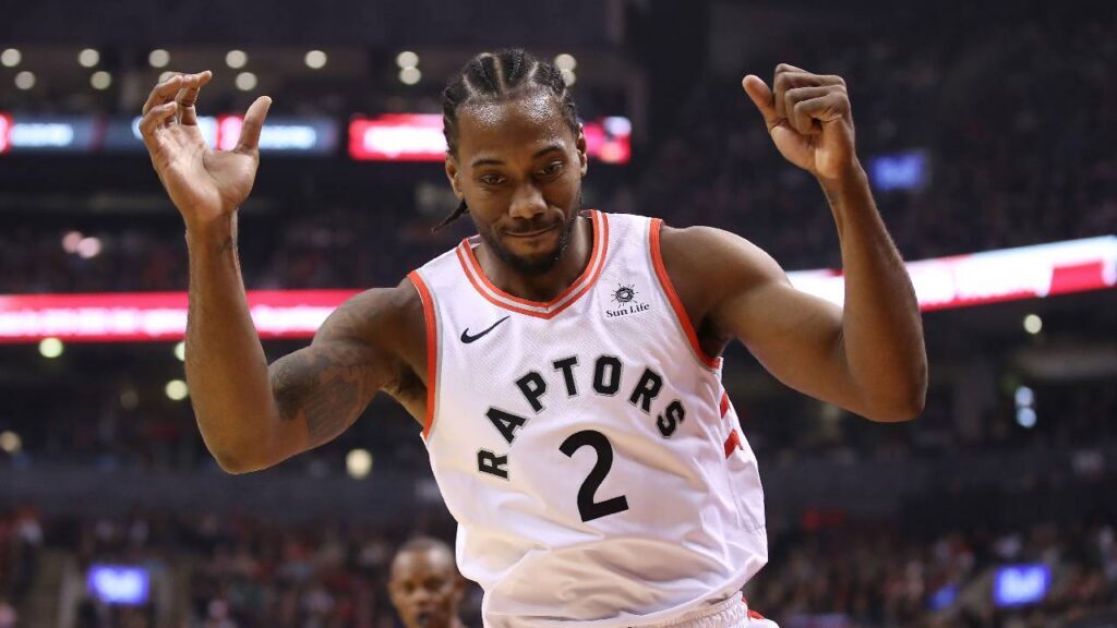 Kawhi Leonard plays against the Boston Celtics at Scotiabank Arena in Kawhi Leonard Contract Extension coverage.