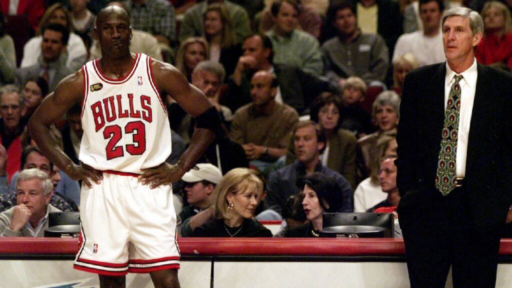 Michael Jordan among nine NBA players with 3+ rings, a Finals MVP and an MVP, with Utah Jazz coach Jerry Sloan.