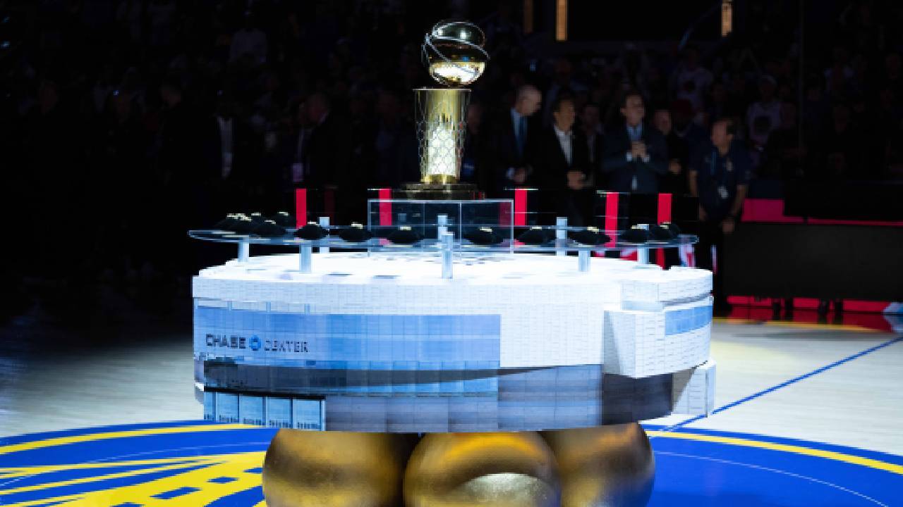General view of the Larry O’Brien NBA Championship Trophy and championship rings before the Golden State Warriors play the Los Angeles Lakers at Chase Center, representing the prize pursued by NBA Veterans Without A Ring.