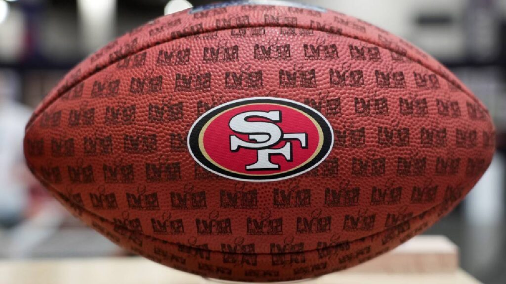 A football with a San Francisco 49ers logo at the NFL Experience at the Mandalay Bay South Convention Center.