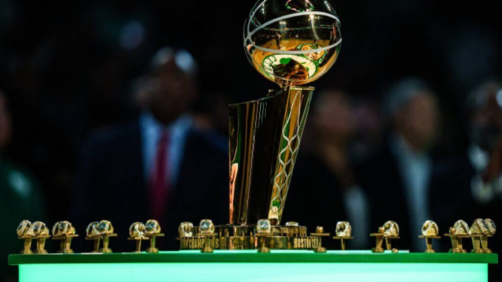 Boston Celtics championship rings are displayed during the opening-night banner-raising ceremony before the game against the New York Knicks at TD Garden, illustrating the ultimate goal for NBA Veterans Without A Ring. 