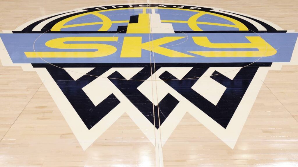 Chicago Sky logo is seen on the court before a basketball game between the Chicago Sky and Minnesota Lynx at Wintrust Arena.