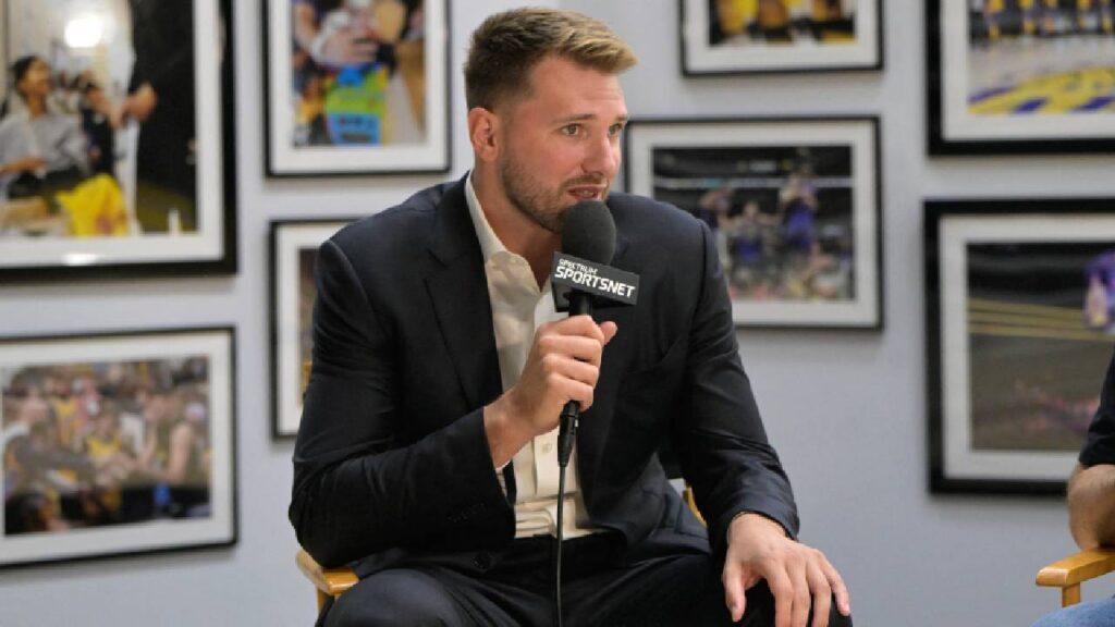 Los Angeles Lakers Luka Doncic (77) is interviewed Spectrum SportsNet following a press conference announcing the signing of his contract extension at UCLA Health Training Center.