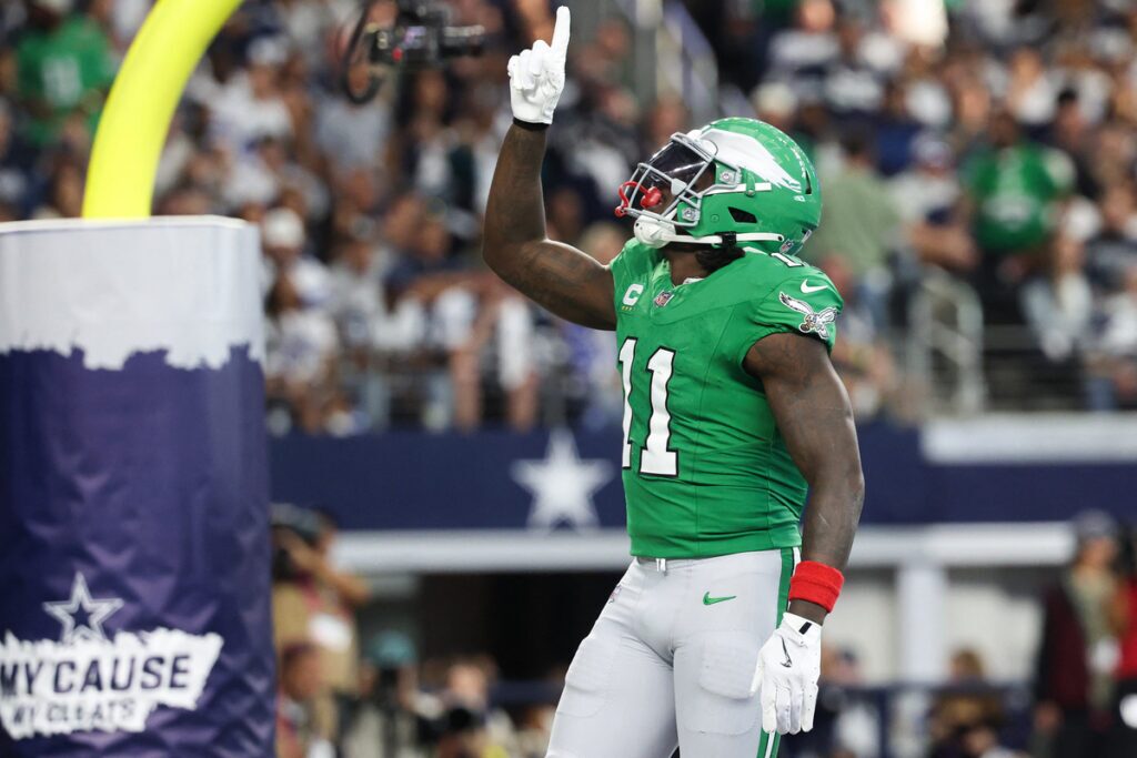 A.J. Brown celebrating touchdown 2025