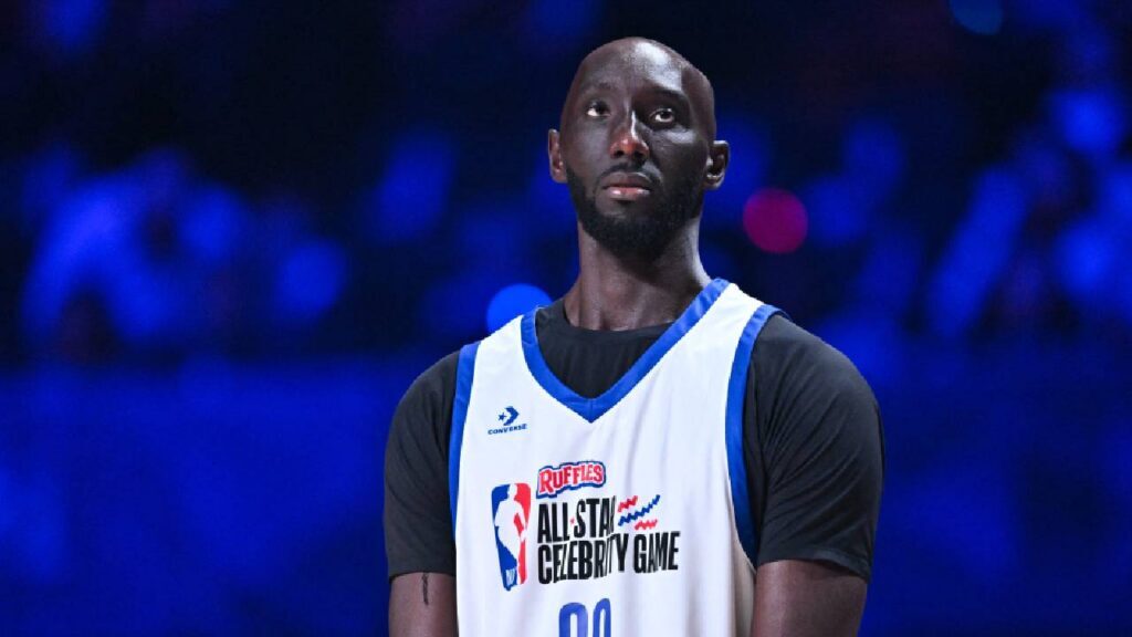 Tacko Fall of Team 1 looks on during the NBA All Star Celebrity Game at Kia Forum.