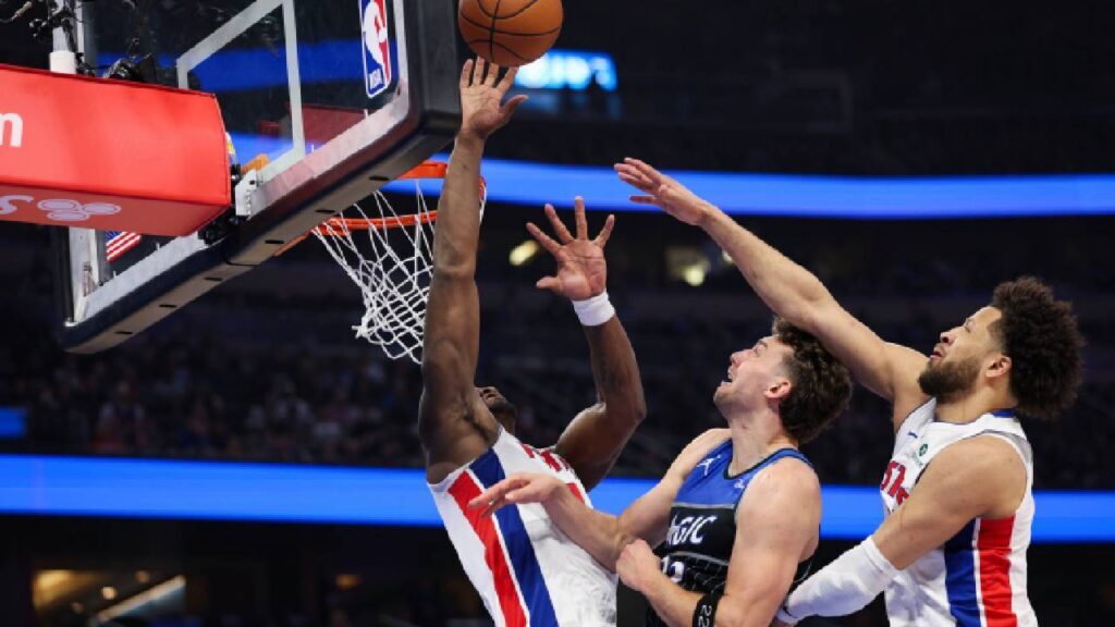 Jalen Duren blocks Franz Wagner during the 2026 NBA Playoffs as Jalen Duren Contract Negotiations continue