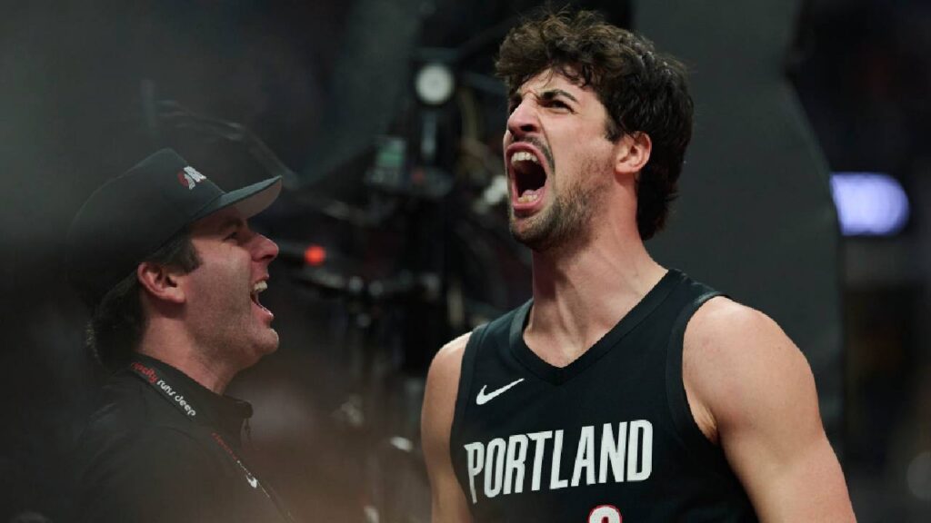 Portland Trail Blazers forward Deni Avdija (8) reacts after being fouled and scoring a basket during the first half against the San Antonio Spurs during game four of the first round of the 2026 NBA Playoffs at Moda Center.