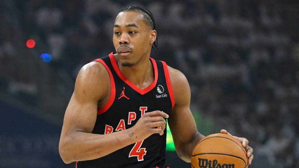 Toronto Raptors forward Scottie Barnes (4) brings the ball up court against the Cleveland Cavaliers in the first quarter of game five of the first round of the 2026 NBA Playoffs at Rocket Arena.
