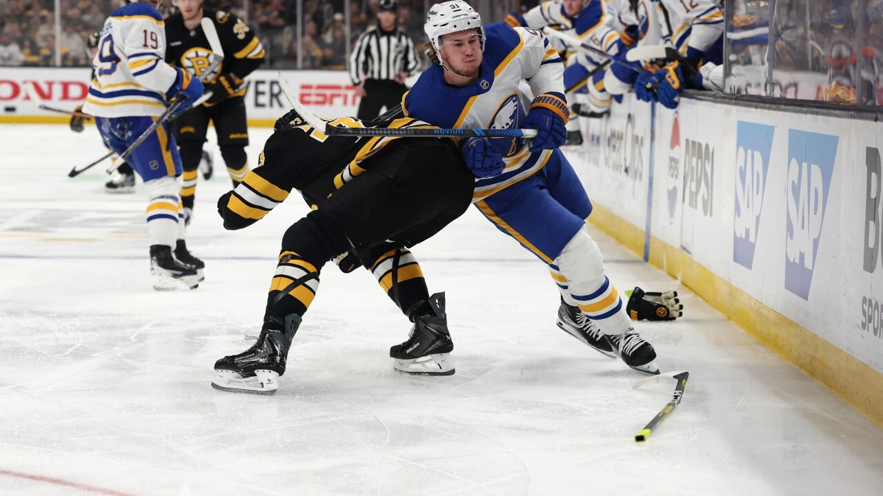 Boston Bruins defenseman Charlie McAvoy hip check vs Buffalo Sabres — Boston Bruins defensive suffocation.