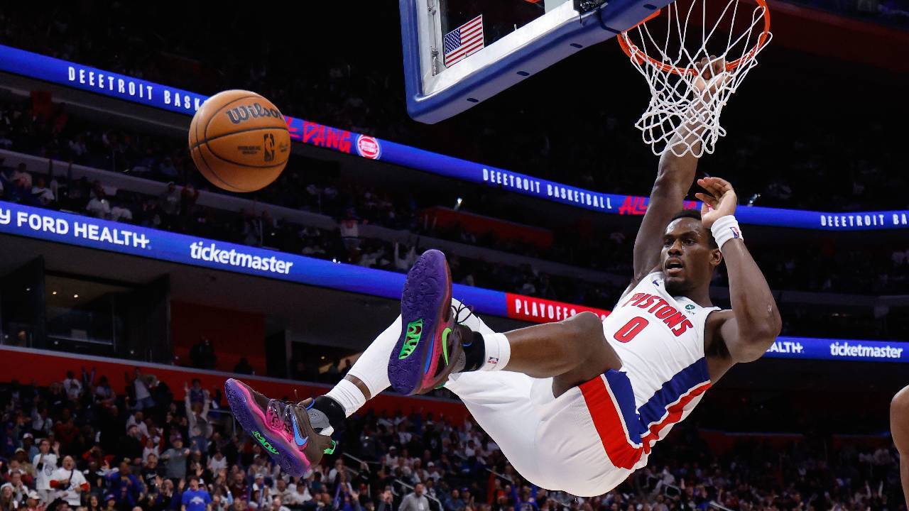 Jalen Duren dunks against the Cleveland Cavaliers during the 2026 NBA Playoffs as Jalen Duren Contract Negotiations continue with Detroit