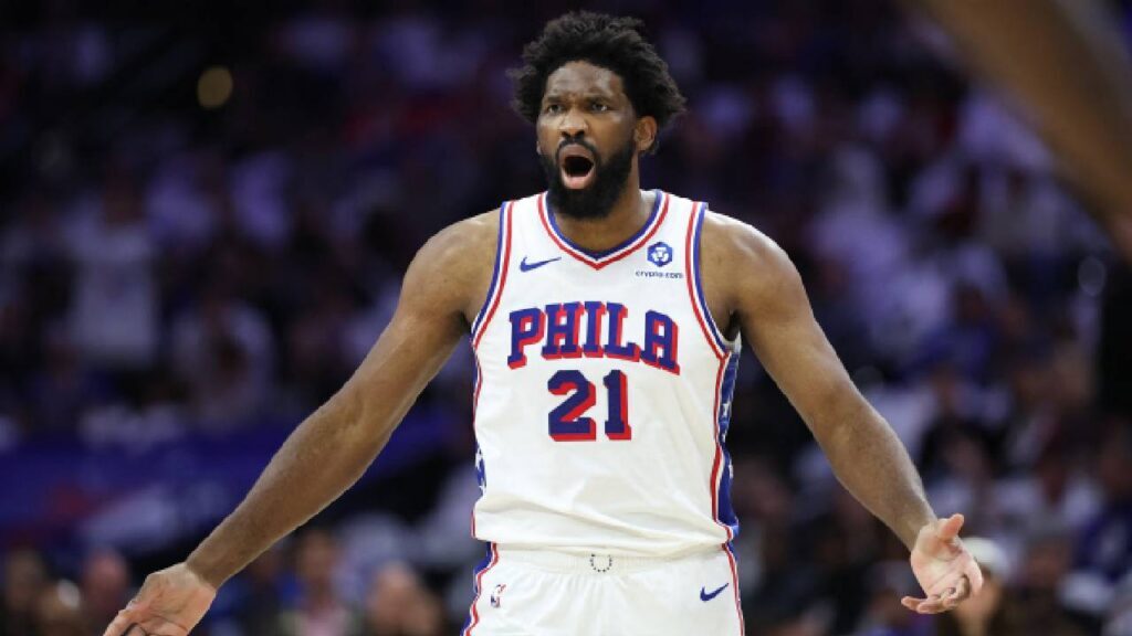 Philadelphia 76ers center Joel Embiid (21), one of the NBA Veterans Without A Ring, reacts to a play against the New York Knicks during the first quarter of Game 3 of the second round of the 2026 NBA Playoffs at Xfinity Mobile Arena.