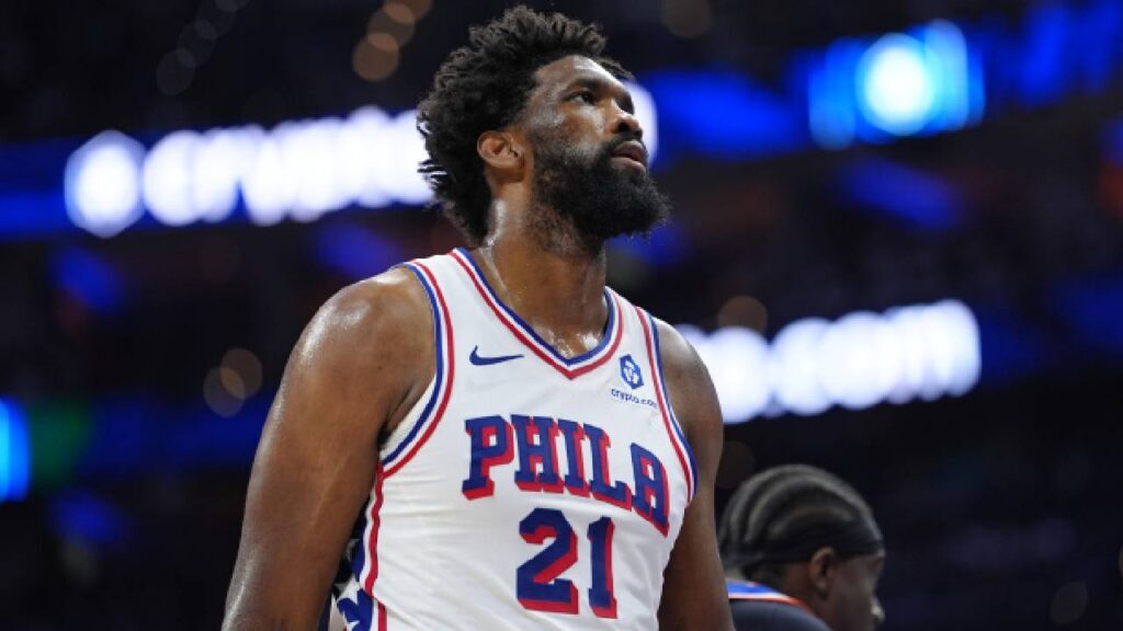 Philadelphia 76ers center Joel Embiid (21) looks on against the New York Knicks in the second quarter during game four of the second round of the 2026 NBA Playoffs at Xfinity Mobile Arena.