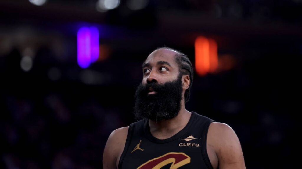Cleveland Cavaliers guard James Harden (1), a former MVP among the NBA Veterans Without A Ring, reacts during the third quarter of Game 1 of the Eastern Conference Finals against the New York Knicks in the 2026 NBA Playoffs at Madison Square Garden