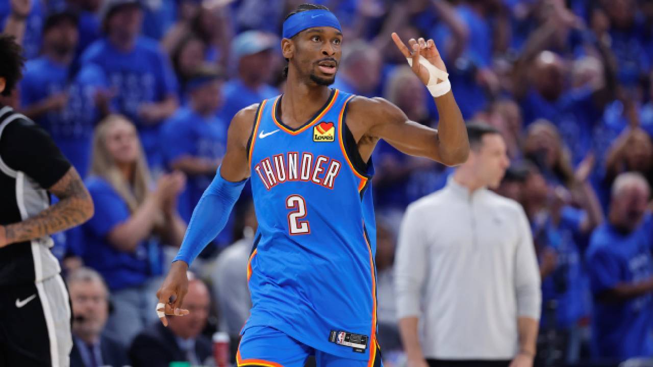 Oklahoma City Thunder guard Shai Gilgeous-Alexander (2) reacts in the second quarter against the San Antonio Spurs during game seven of the western conference finals for the 2026 NBA playoffs at Paycom Center.