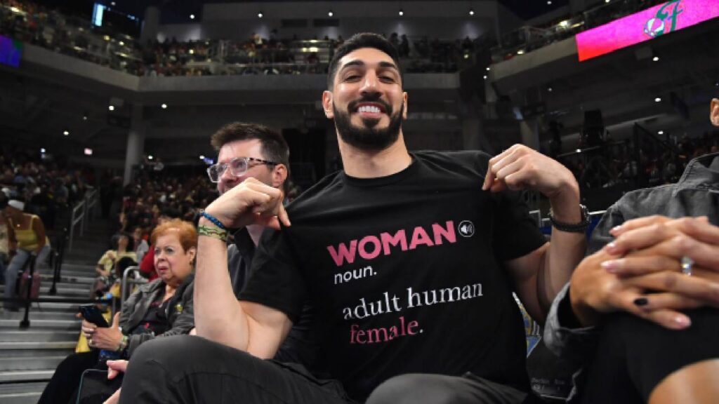 Turkish-American former basketball player and human rights activist Enes Kanter Freedom is seen prior to a game between the Indiana Fever and the Chicago Sky at Wintrust Arena.