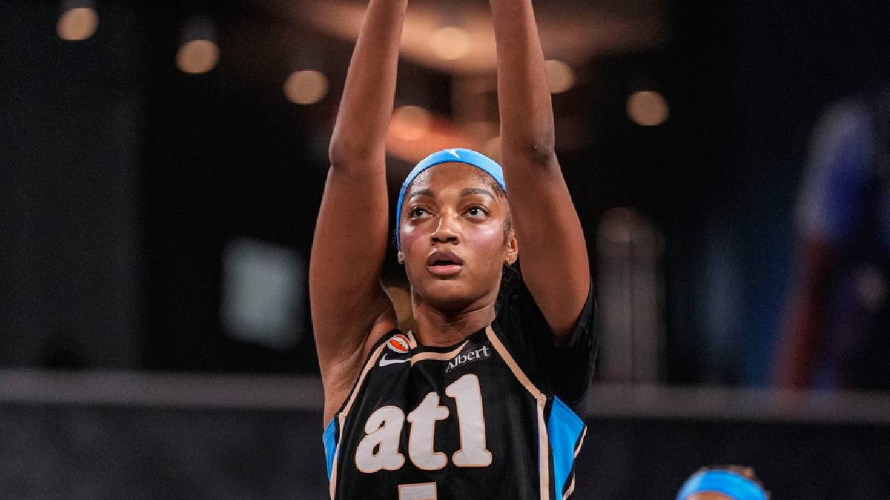 Atlanta Dream forward Angel Reese (5) shoots a free throw against the Portland Fire during the second half at Gateway Center Arena at College Park.