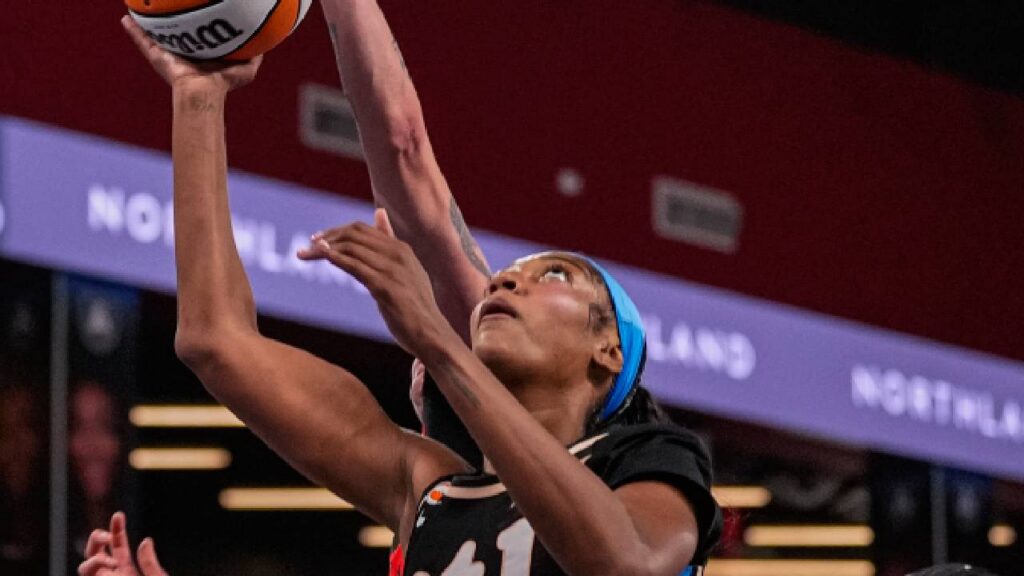 Atlanta Dream forward Angel Reese (5) shoots against the Portland Fire during the second half at Gateway Center Arena at College Park.