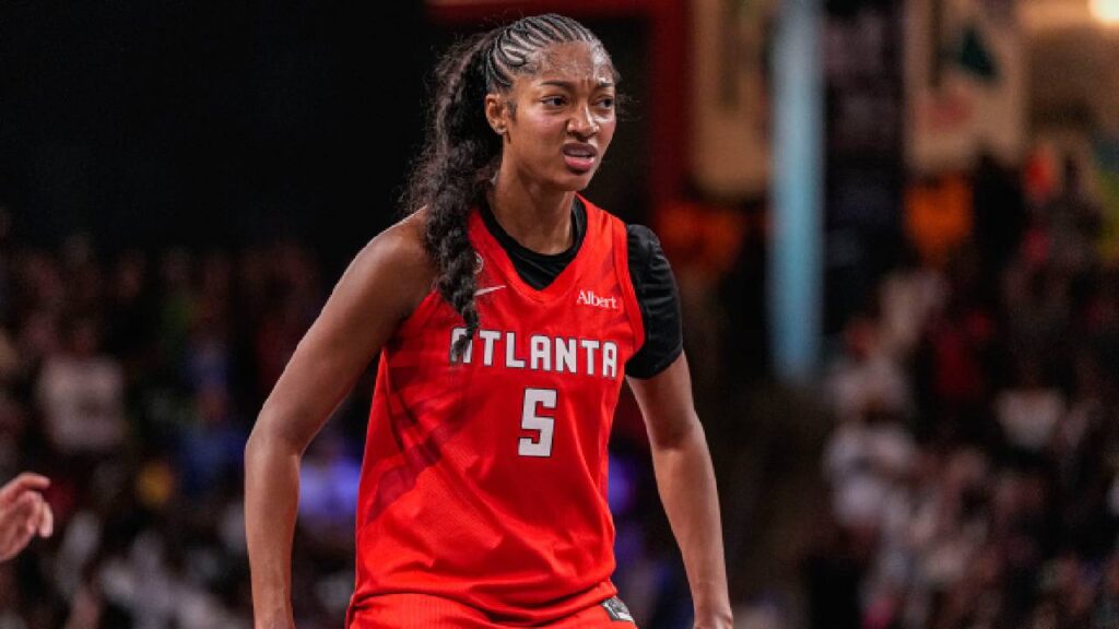 Atlanta Dream forward Angel Reese (5) reacts after a play against the Minnesota Lynx during the first half at Gateway Center Arena at College Park.