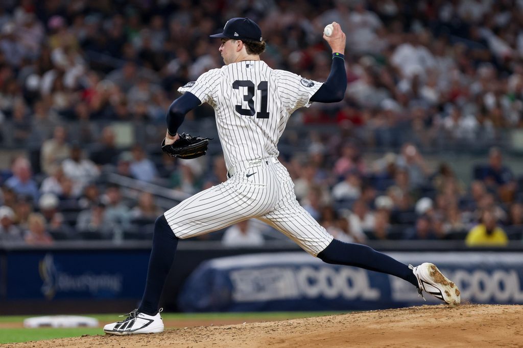 Cam Schlittler delivers a pitch against the Boston Red Sox at Yankee Stadium.