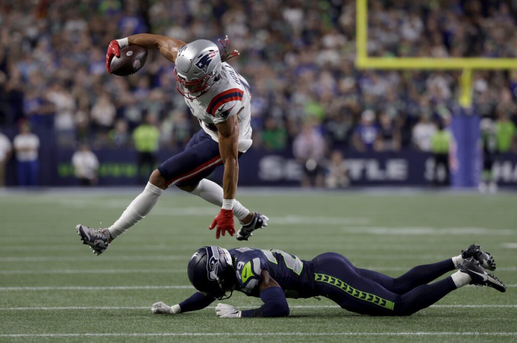 Mack Hollins of the New England Patriots against the Seahawks 2026