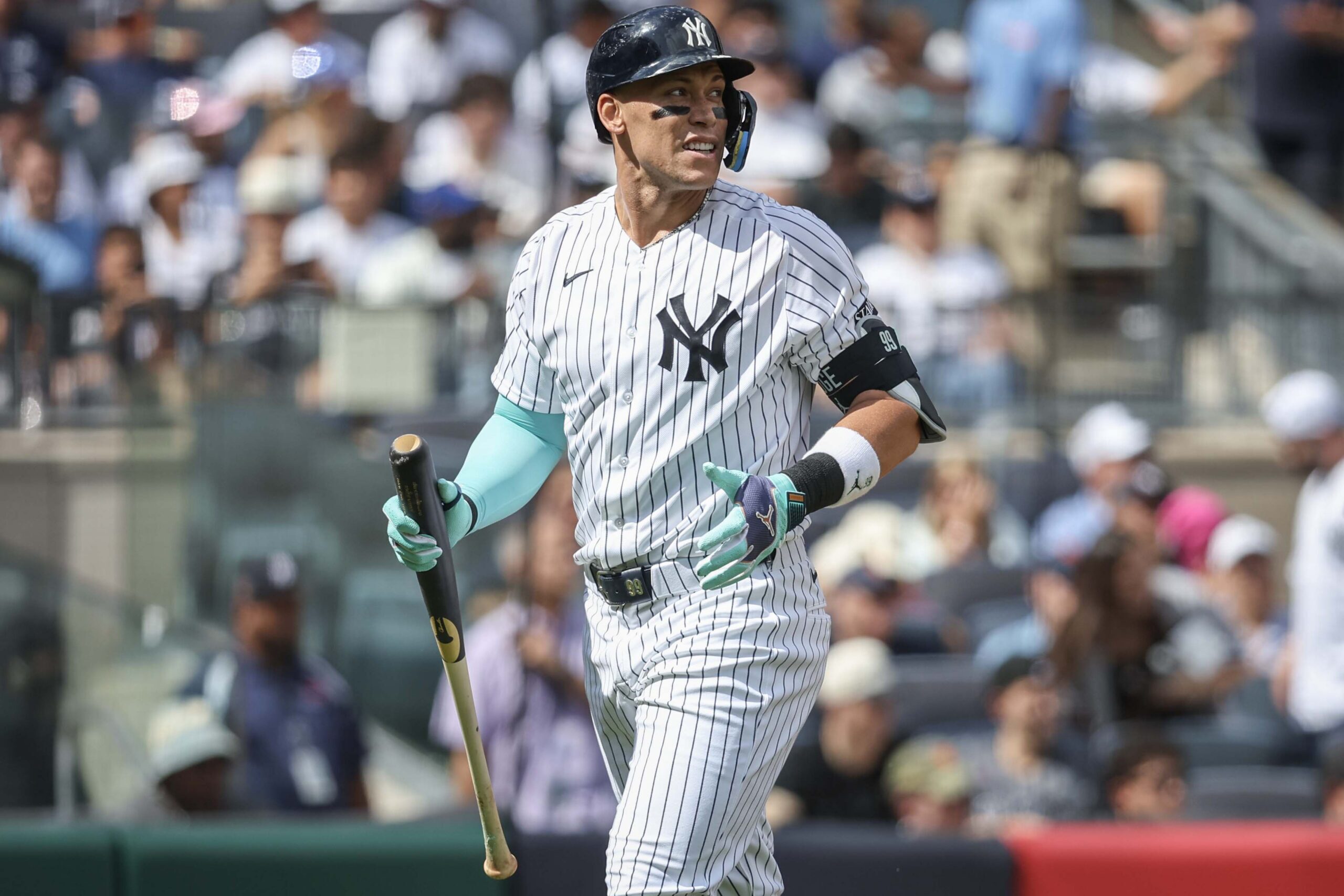 Sep 12, 2026; Bronx, New York, USA; New York Yankees designated hitter Aaron Judge (99) reacts after striking out in the first inning against the New York Mets at Yankee Stadium. Mandatory Credit: Wendell Cruz-Imagn Images