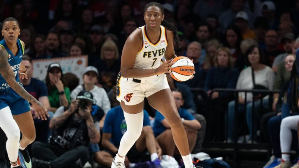 Aliyah Boston dribbles against the Minnesota Lynx during the Fever’s Sept. 24, 2026, game in a key Caitlin Clark playoff matchup.
