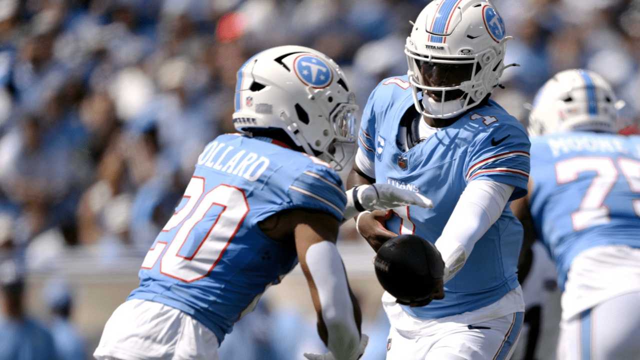 Sep 13, 2026; Nashville, Tennessee, USA; Tennessee Titans quarterback Cam Ward (1) hands the ball off to running back Tony Pollard (20) against the New York Jets during the first quarter at Nissan Stadium. Mandatory Credit: Steve Roberts-Imagn Images. Tony pollard is not on our Fantasy Football week 2 radar.