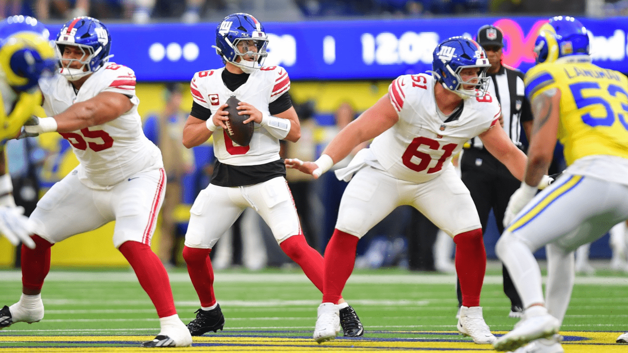 Sep 21, 2026; Inglewood, California, USA; New York Giants quarterback Jaxson Dart (6) before his injury drops to throw during the first quarter against the Los Angeles Rams at SoFi Stadium. Mandatory Credit: Gary A. Vasquez-Imagn Images