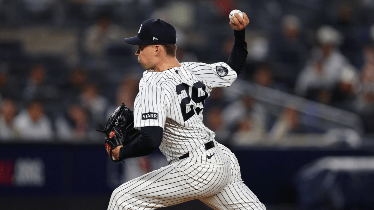 Sep 30, 2026; Bronx, New York, USA; New York Yankees pitcher Will Warren (29) delivers a pitch in the seventh inning against the Boston Red Sox during game two of the Wildcard round for the 2026 MLB Playoffs at Yankee Stadium. Mandatory Credit: Vincent Carchietta-Imagn Images