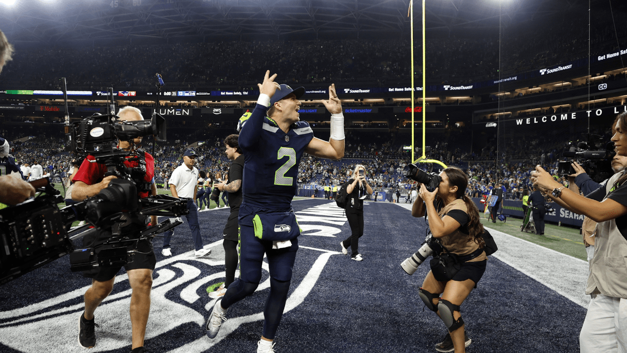 Sep 9, 2026; Seattle, Washington, USA; Seattle Seahawks quarterback Drew Lock (2) leaves the field after defeating the New England Patriots at Lumen Field. Mandatory Credit: Joe Nicholson-Imagn Images