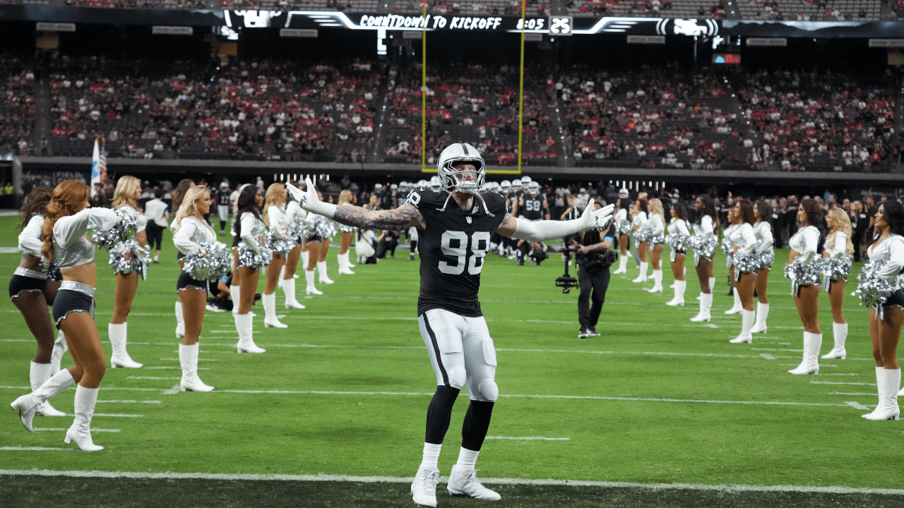 Aug 27, 2026; Paradise, Nevada, USA; Las Vegas Raiders defensive end Maxx Crosby (98) prepares to enter the field before the game against the San Francisco 49ers at Allegiant Stadium. Mandatory Credit: Kirby Lee-Imagn Images