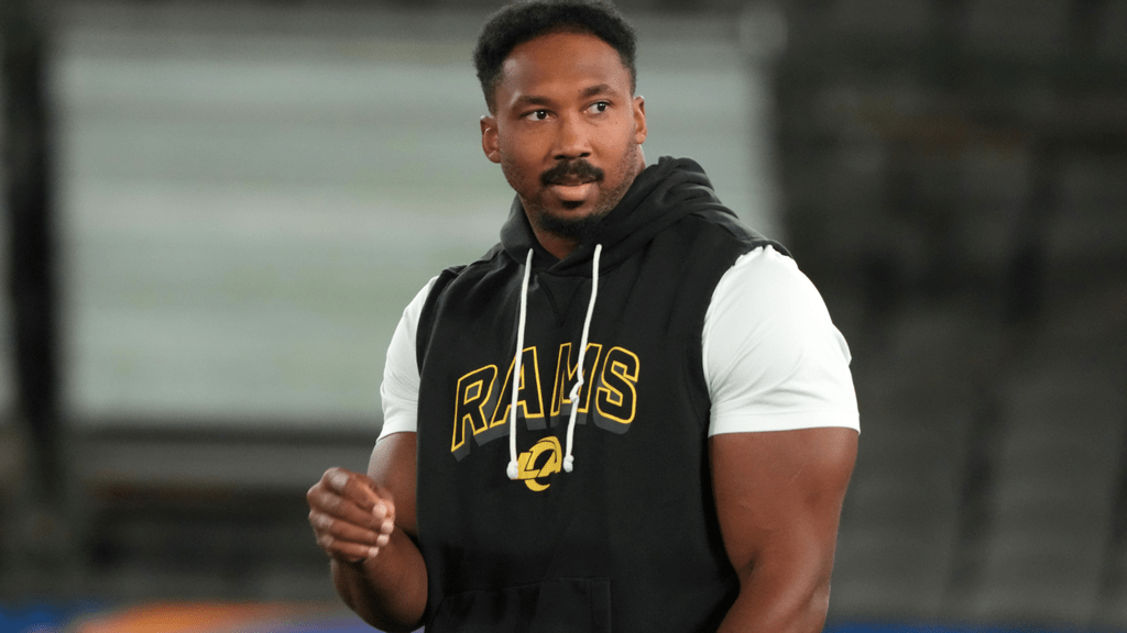 Sep 10, 2026; Melbourne, Victoria, Australia; Los Angeles Rams defensive end Myles Garrett (95) during practice at Marvel Stadium. Mandatory Credit: Kirby Lee-Imagn Images