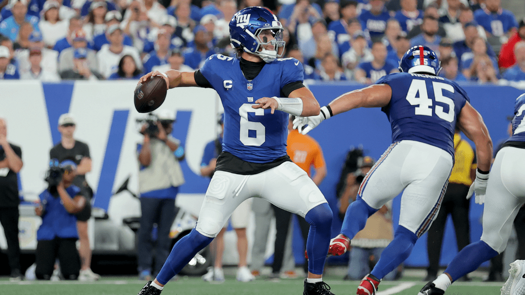 Sep 13, 2026; East Rutherford, New Jersey, USA; New York Giants quarterback Jaxson Dart (6) drops back to pass against the Dallas Cowboys during the first quarter at MetLife Stadium. Mandatory Credit: Brad Penner-Imagn Images. John Harbaugh.