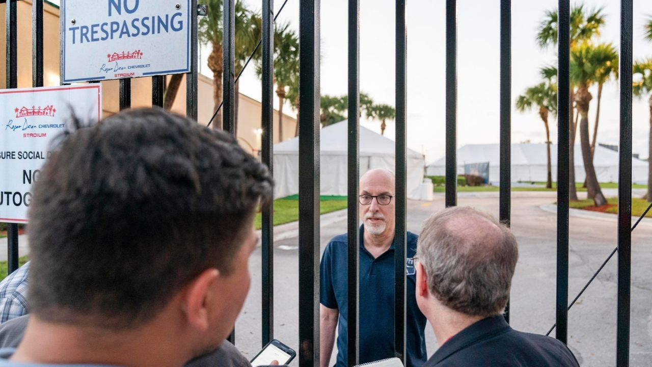 Feb 23, 2022; Jupiter, FL, USA; Major League Baseball Players Association chief negotiator Bruce Meyer talks to reporters about contract negotiations at Roger Dean Stadium in Jupiter, Florida on February 23, 2022. An MLB Lockout is expected in 2026. Mandatory Credit: Greg Lovett-USA TODAY NETWORK
