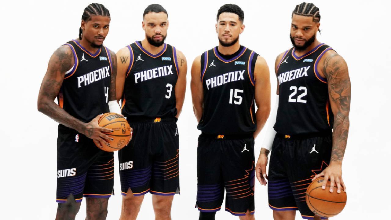 Phoenix Suns Training Camp begins with Jalen Green, Dillon Brooks, Devin Booker, and Miles Bridges posing together at 2026 Media Day.