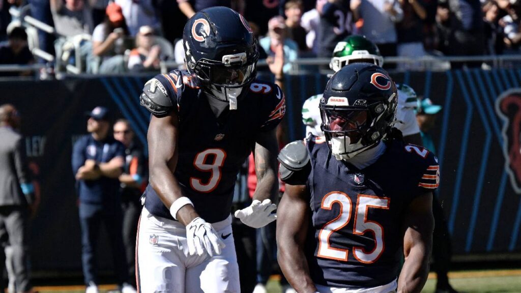 Chicago Bears ground game standout Kyle Monangai celebrates with wide receiver Jahdae Walker after a first-quarter touchdown against the New York Jets.