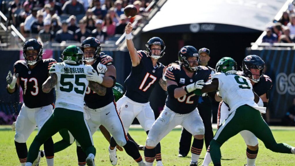 Chicago Bears quarterback Tyson Bagent passes against the New York Jets as the Chicago Bears ground game supported the Week 4 offensive approach.